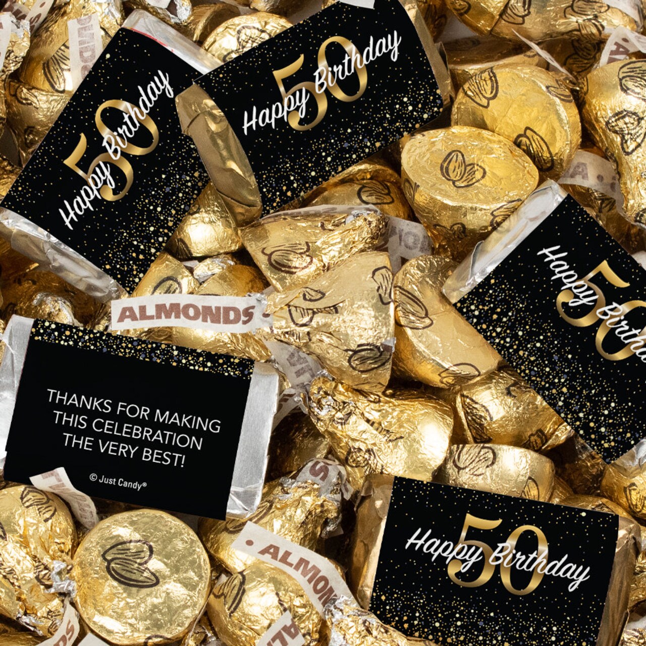 128 Pcs 50th Birthday Candy Party Favors Miniatures & Gold Almond Kisses (1.58 lbs, Approx. 128 Pcs)